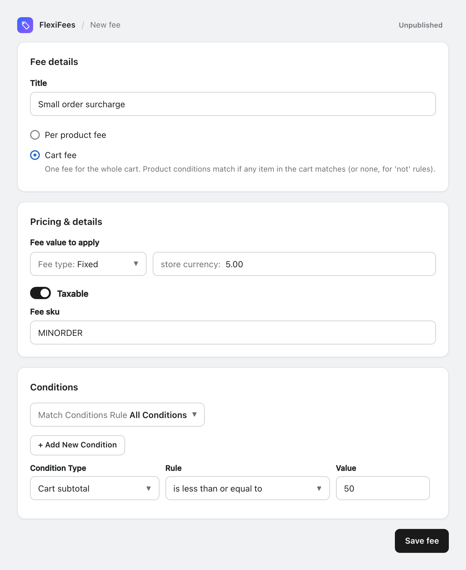 The FlexiFees fee form with the Small order surcharge template: a cart fee of 5.00, taxable, applied when the cart subtotal is less than or equal to 50
