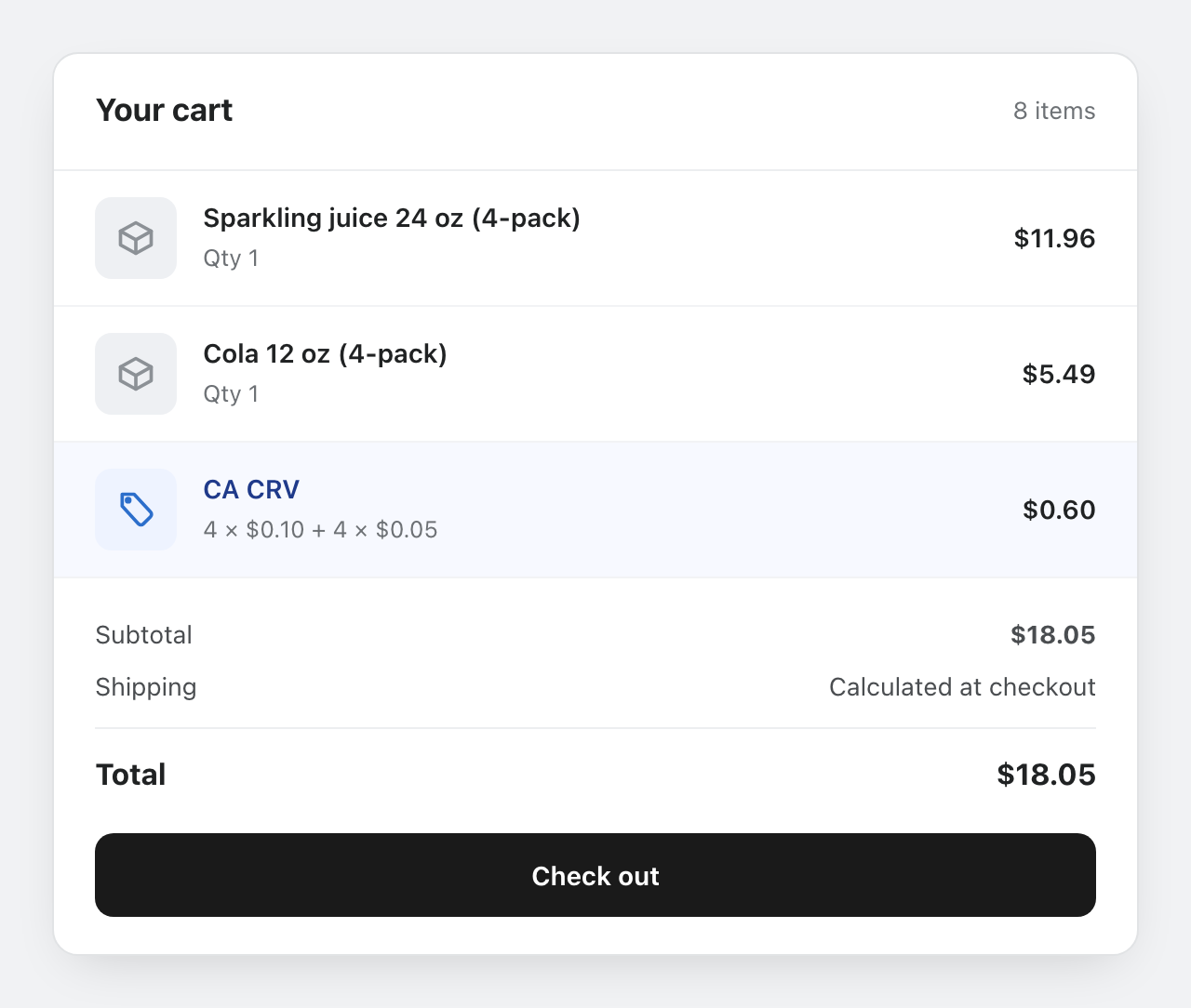 Shopify cart with a CA CRV line combining 10 and 5 cent containers