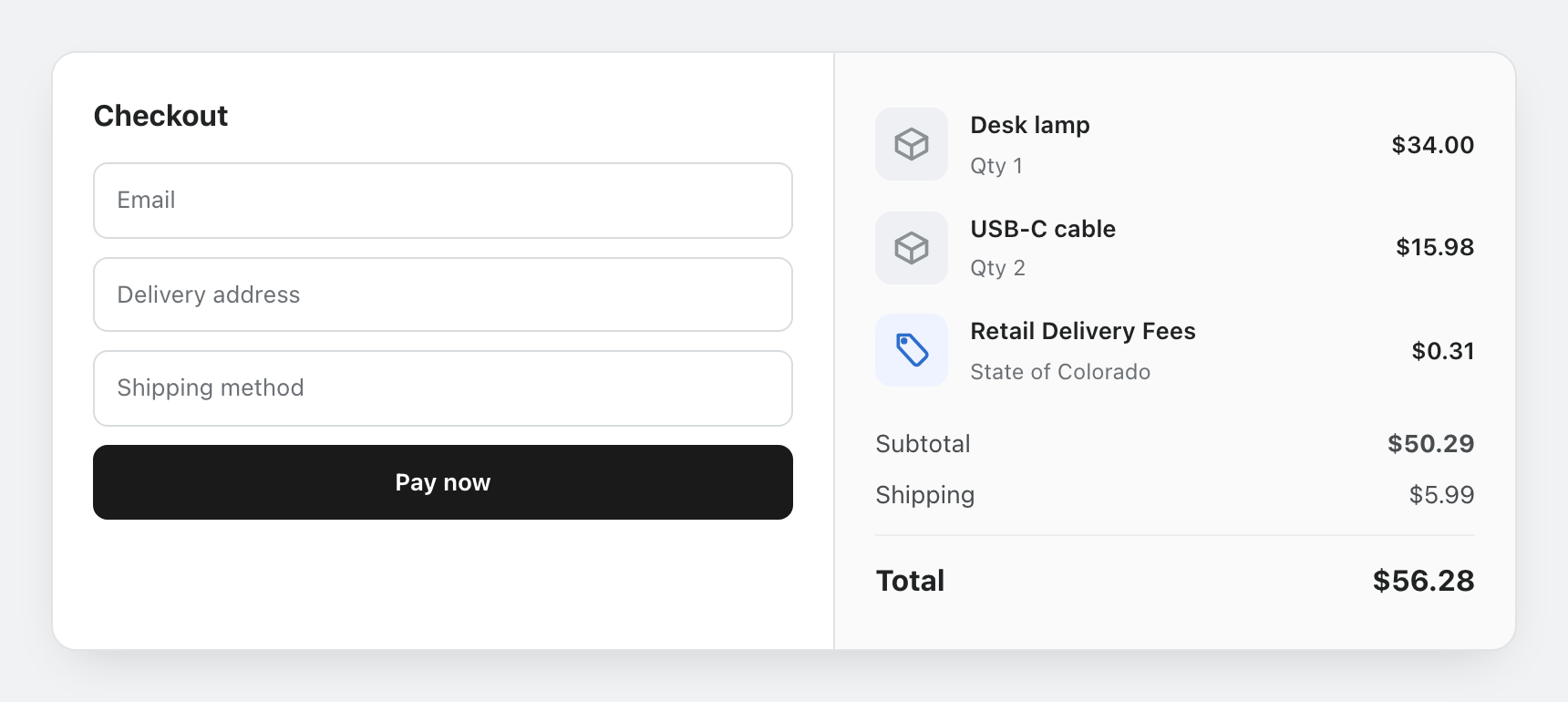 Shopify checkout with a Retail Delivery Fees line of 0.31 USD