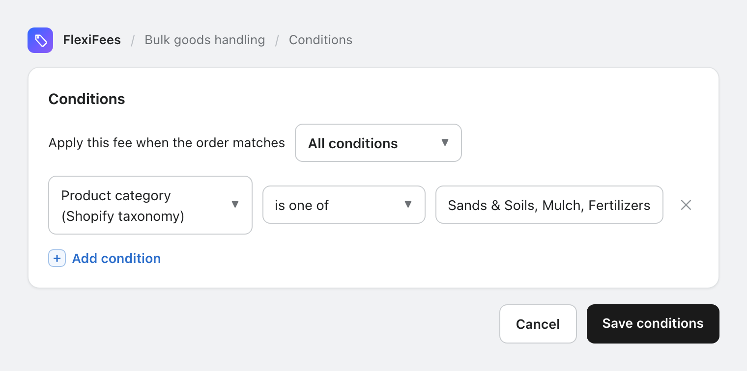FlexiFees condition: product category is one of Sands and Soils, Mulch, Fertilizers