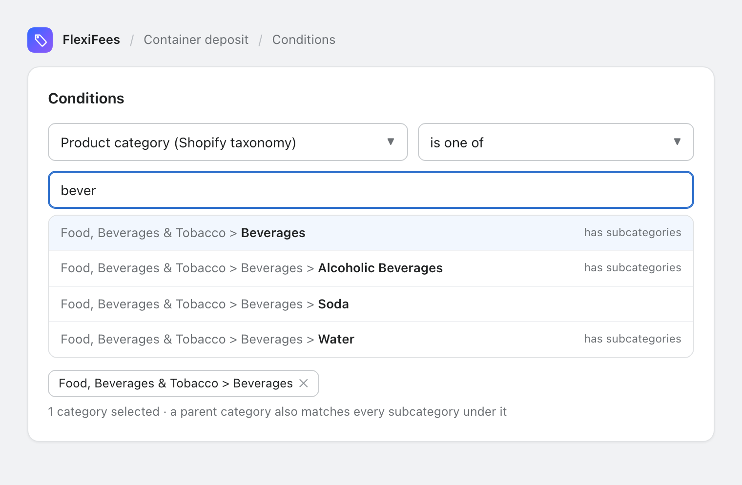 FlexiFees product category condition searching for bever, with Food, Beverages and Tobacco, Beverages selected