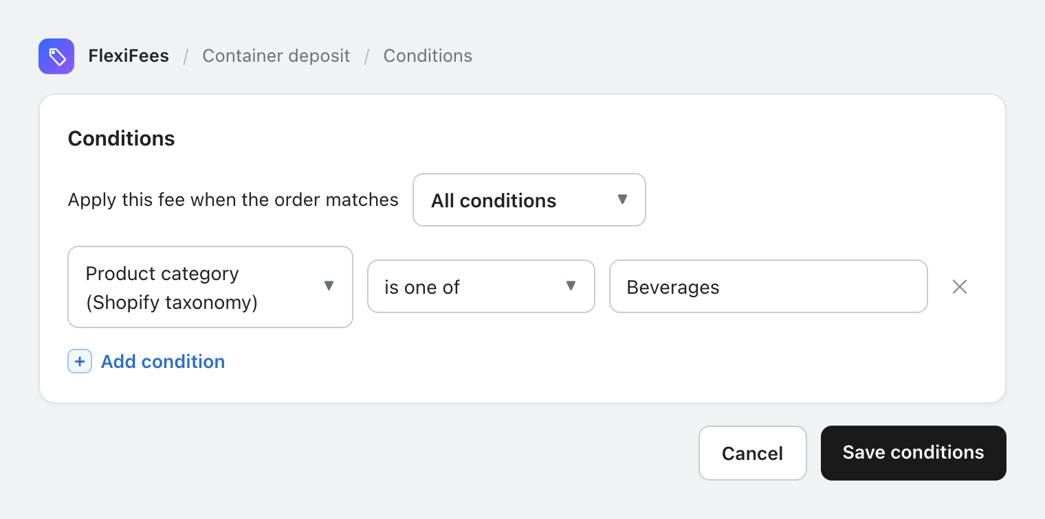 FlexiFees condition: product category is one of Beverages