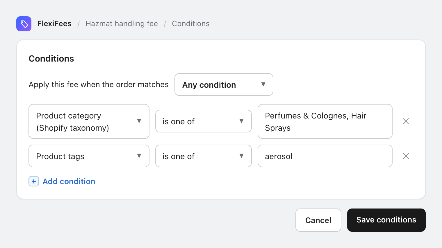 FlexiFees conditions with match any: product category is one of Perfumes and Colognes, Hair Sprays, or product tags is one of aerosol