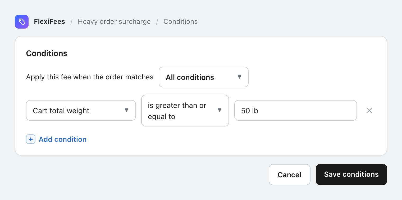 FlexiFees condition builder with cart total weight at least 50 lb