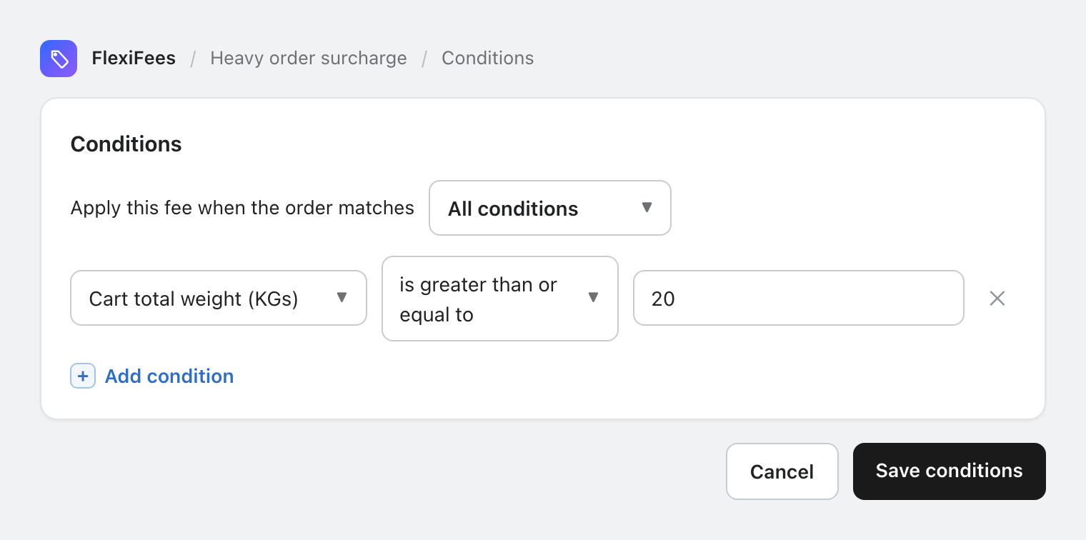 FlexiFees condition builder with cart weight at least 20 kg
