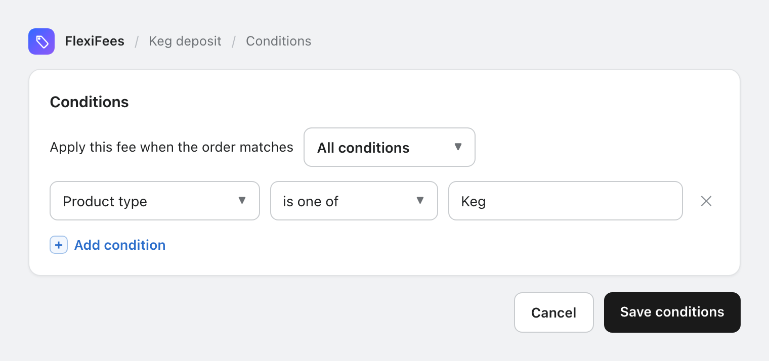 FlexiFees condition builder with product type Keg