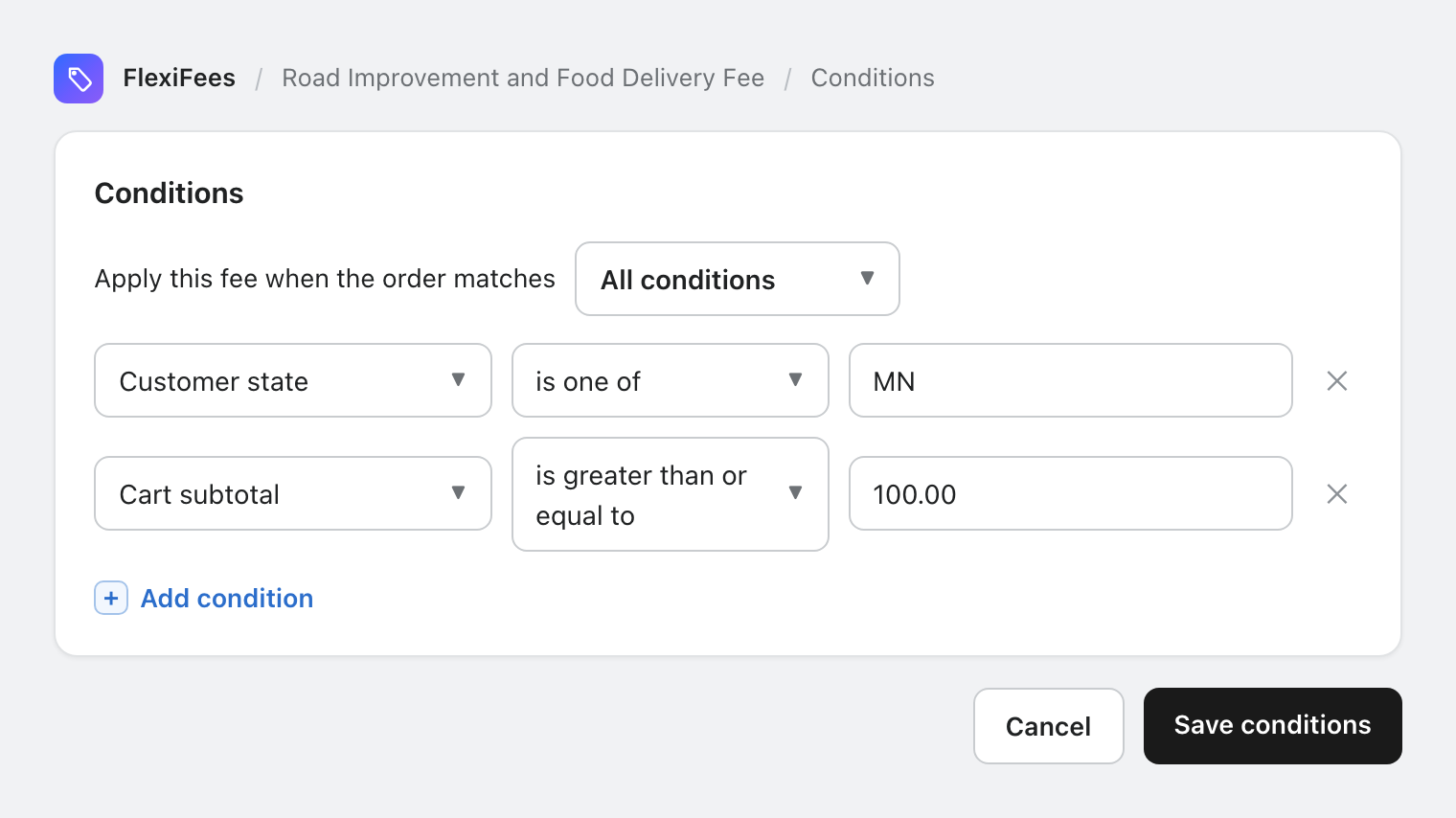 FlexiFees condition builder with customer state MN and cart subtotal at least 100