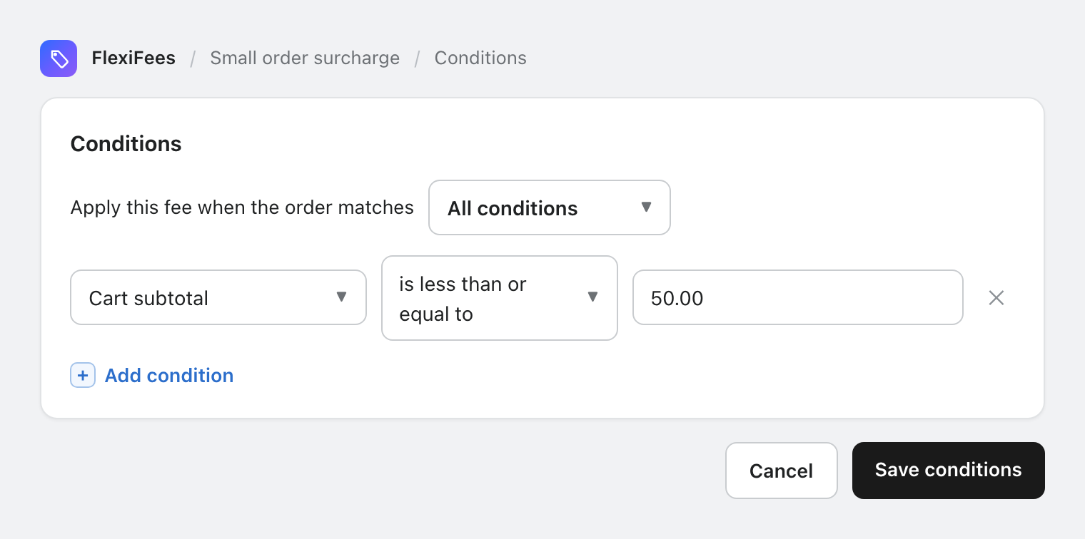 FlexiFees condition builder with cart subtotal at most 50