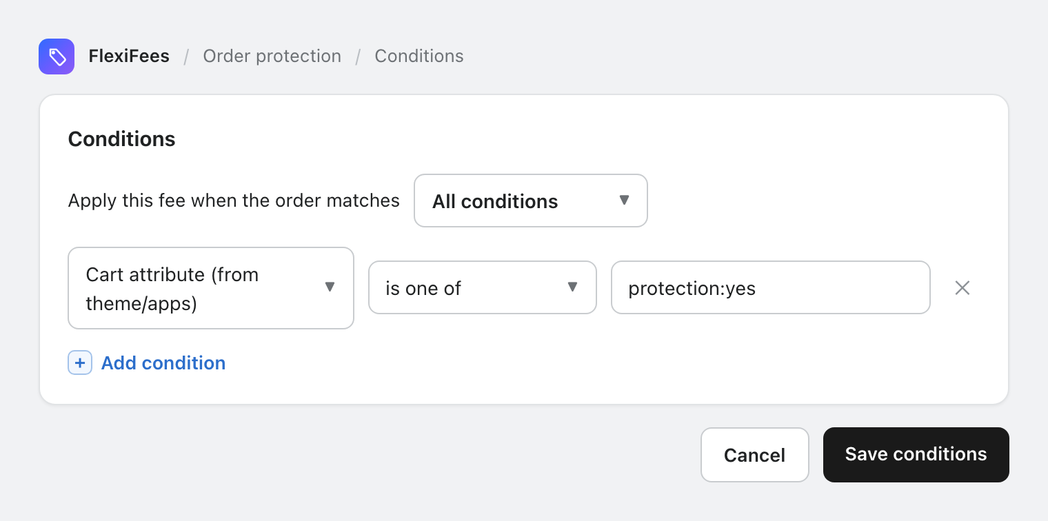 FlexiFees condition builder with cart attribute protection yes