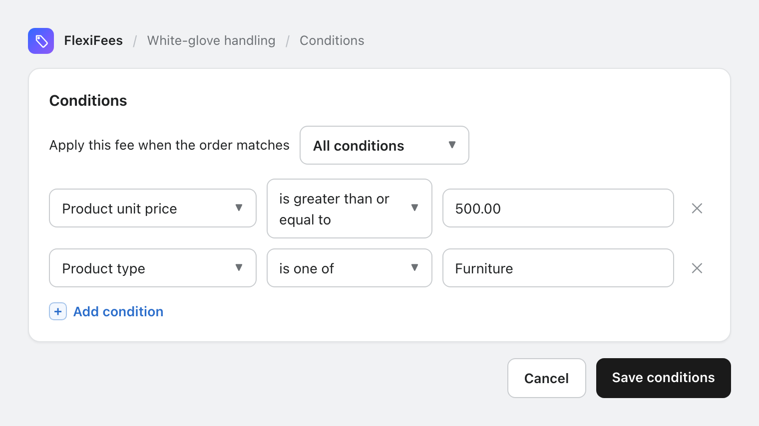FlexiFees condition builder with product price at least 500 and product type Furniture