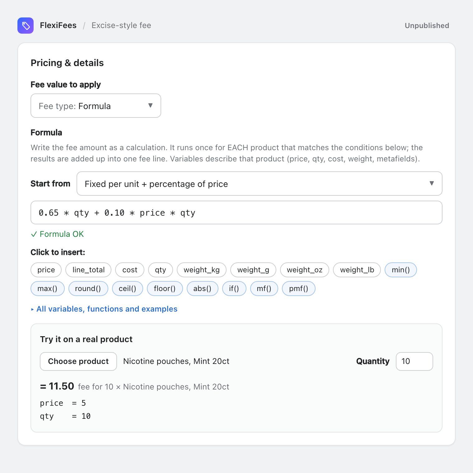 FlexiFees formula editor with the formula 0.65 * qty + 0.10 * price * qty, clickable variables, and a Try it result for a real product