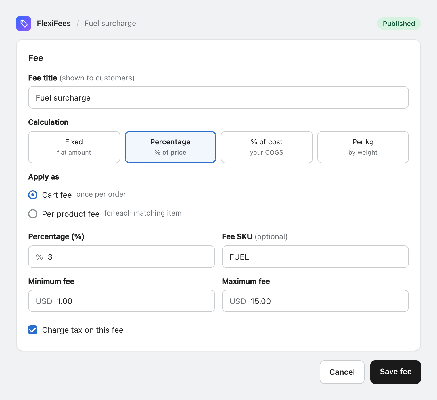 FlexiFees fee form with a 3 percent fee and minimum 1.00, maximum 15.00