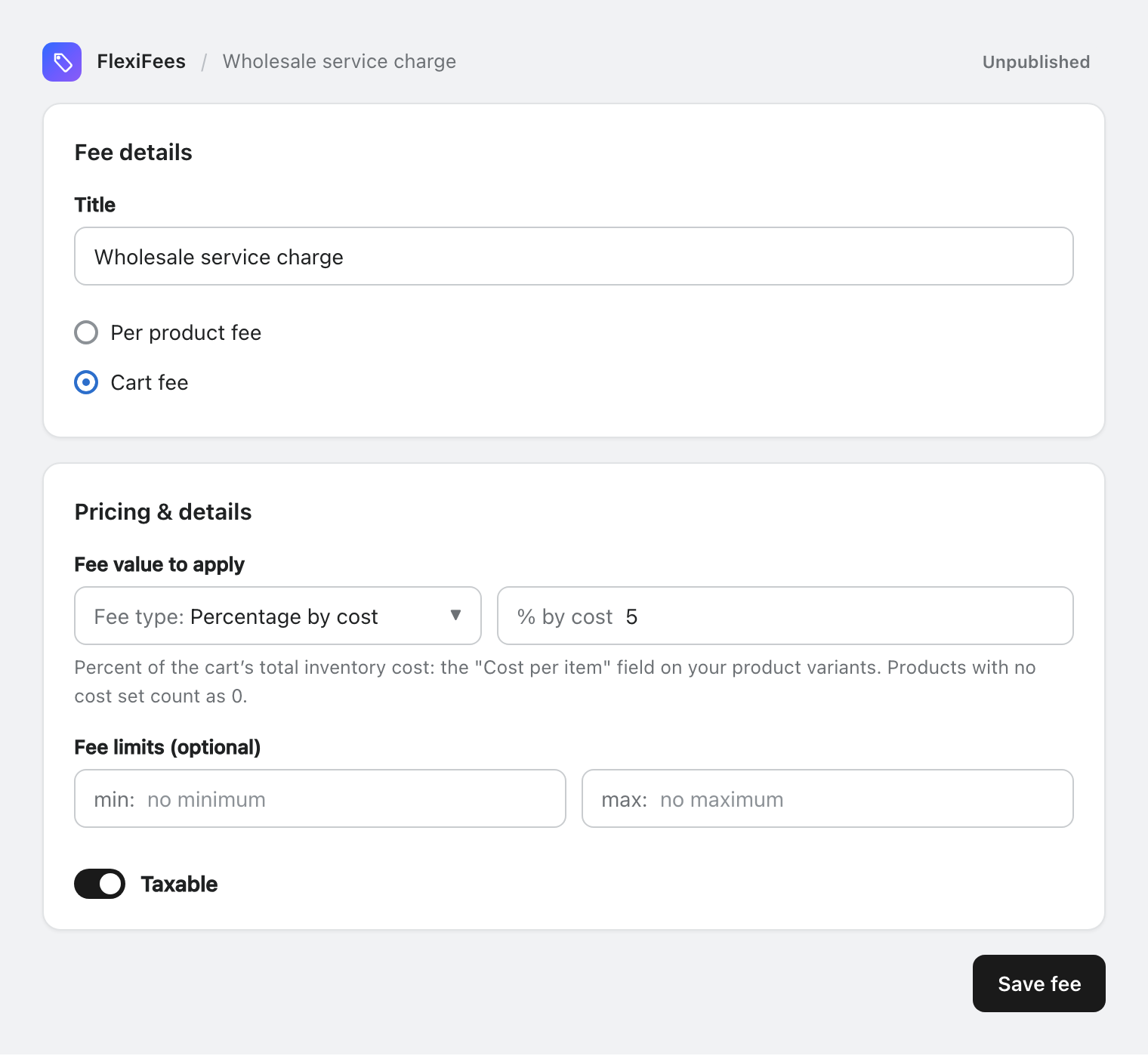 FlexiFees fee form with fee type Percentage by cost, 5 percent, as a cart fee