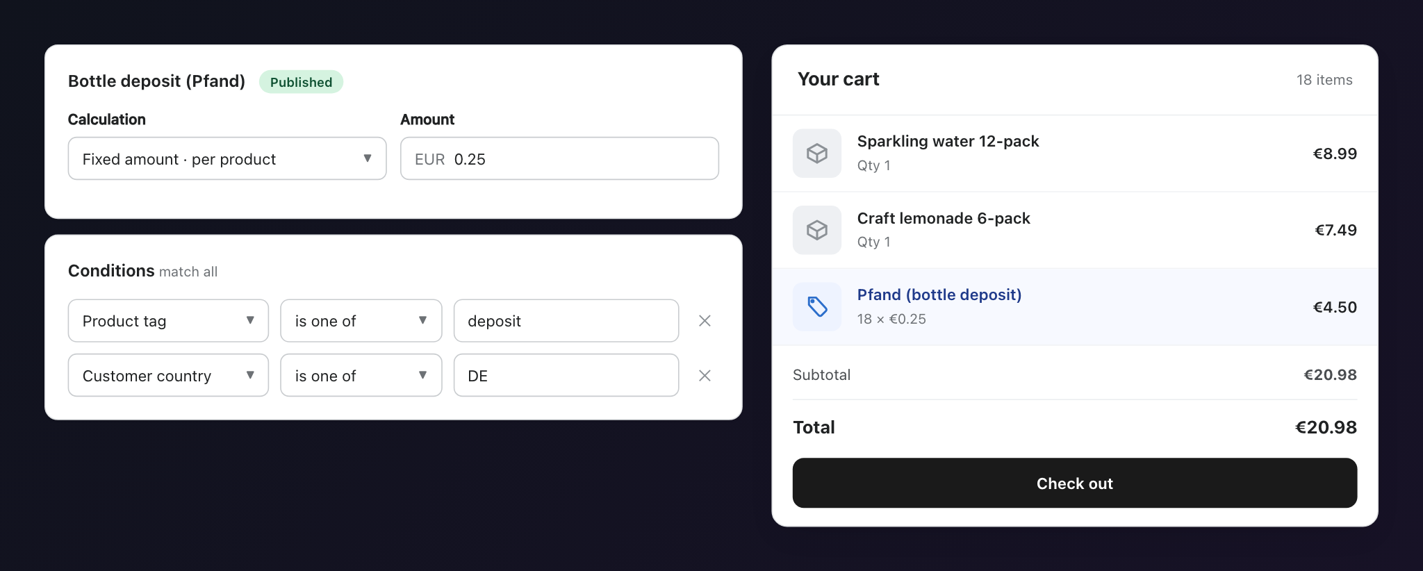 FlexiFees rule builder for a bottle deposit next to a Shopify cart showing the deposit as a separate line item