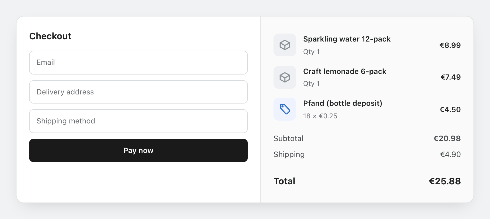 Shopify-Checkout-Übersicht mit Pfand als eigener Position