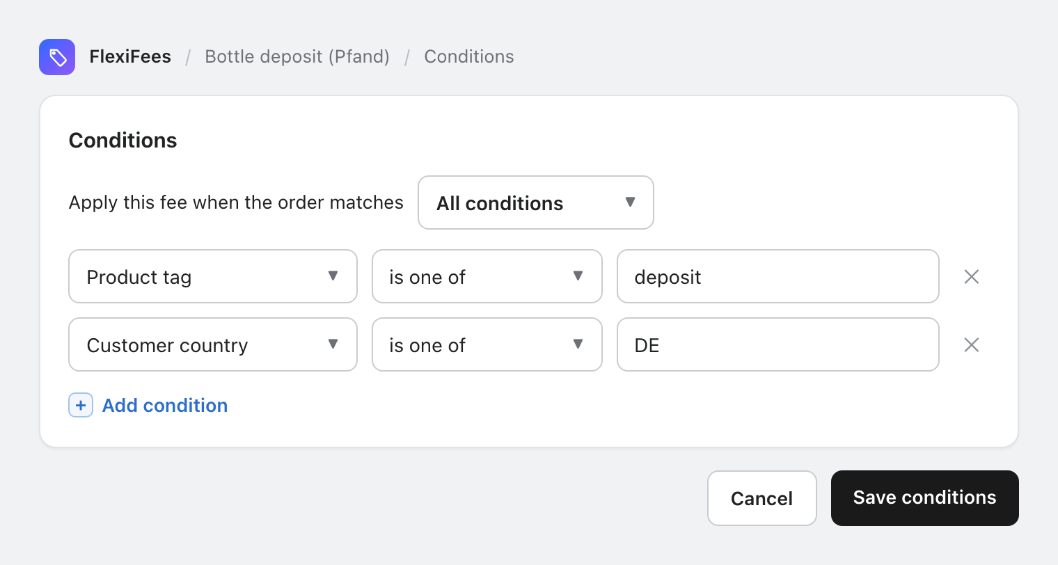 FlexiFees condition builder with rules for product tag, customer country, and cart subtotal combined with match-all logic