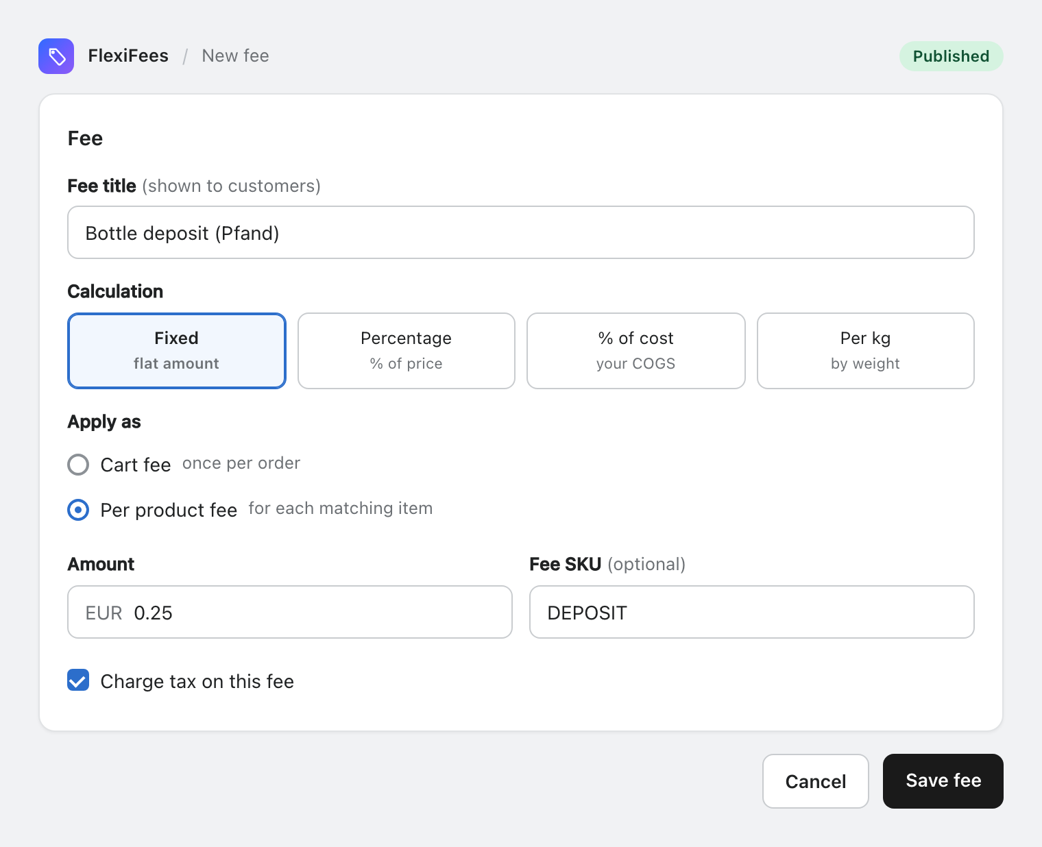 FlexiFees fee form showing the four calculation methods: fixed, percentage, percentage of cost, and per kilogram, with cart or per-product scope