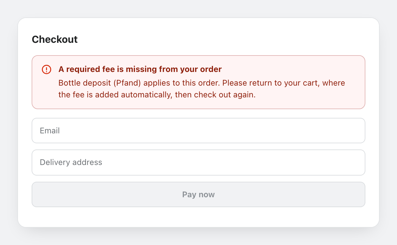 Shopify checkout blocked by the FlexiFees Buy Now guard with a message asking the customer to complete the order from the cart